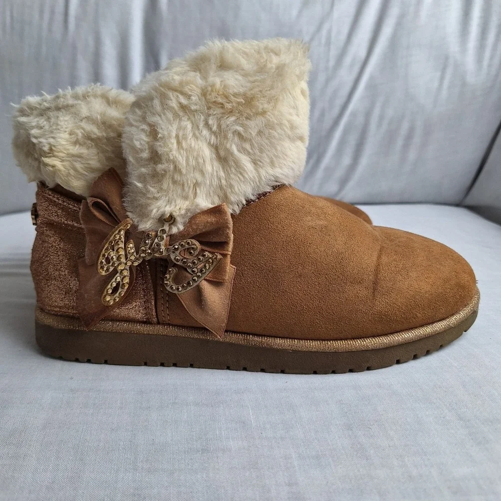 Juicy Couture Kodak Girls Glitter Bow Faux Fur Lined Ankle Bootie Slip-On US 3M‎